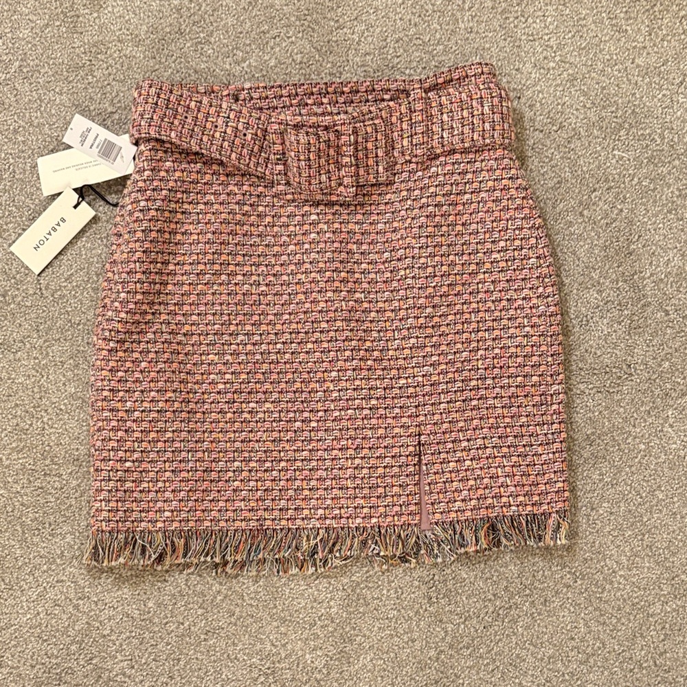 Babaton Pink Tweed Mini Skirt with Belt